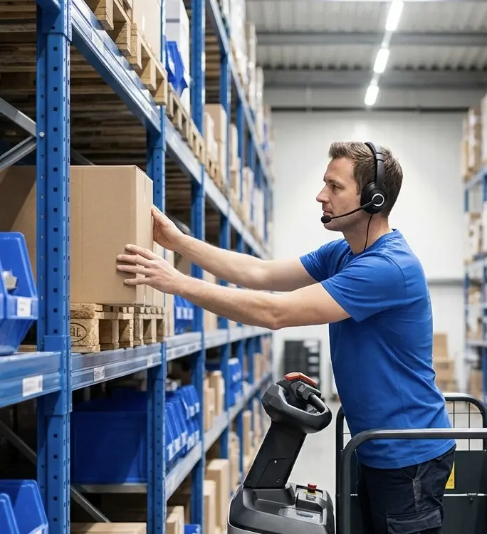 Warehouse picker with headset selecting stock from shelving in Cambridge